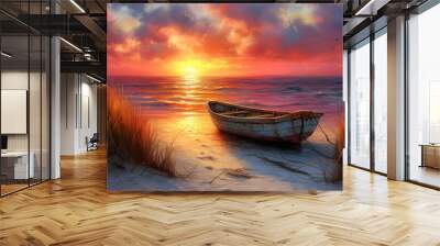 fishing boats on the lake at sunset, oil painting Wall mural