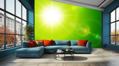 Green sunny background, sun with lens flare, vector spring design. Wall mural