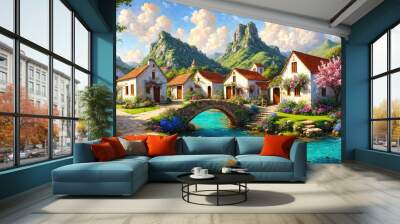 Idyllic countryside summer landscape with wooden old houses, beautiful flowers and trees with the Alp mountains in the background, oil painting on canvas Wall mural