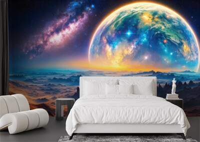 Landscape of an alien planet, view of another planet with stars and nebulas, science fiction cosmic background. Generative Ai. Wall mural