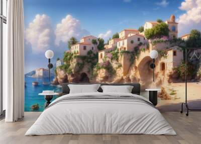 Oil painting of a small town on the Mediterranean Sea, mountains in the background, beautiful summer weather. Wall mural