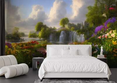 Paradise garden full of flowers, beautiful idyllic  background with many flowers in eden, 3d illustration. Generative Ai. Wall mural