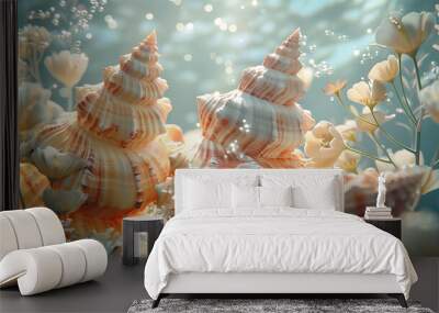 Seashell with Water Drops and flowers abstract background. Wall mural