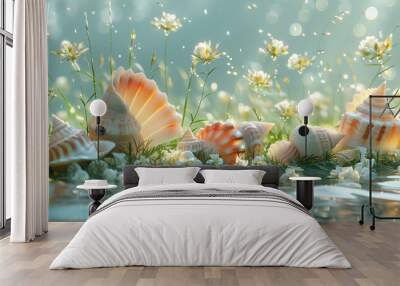 Seashell with Water Drops and flowers abstract background. Wall mural