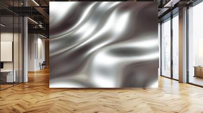 Silver chrome metal texture with waves, liquid silver metallic silk wavy design, 3D render illustration. Wall mural