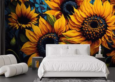 Sunflowers background, many sunflowers in oil painting style illustration. Generative Ai. Wall mural