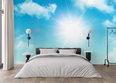 Sunny background, blue sky with white clouds and sun Wall mural