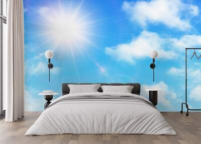 Sunny background, blue sky with white clouds and sun Wall mural