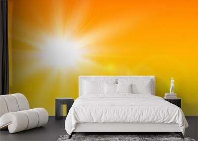 Sunny background, orange hot sky with sun and lens flare, natural summer background, vector illustration. Wall mural