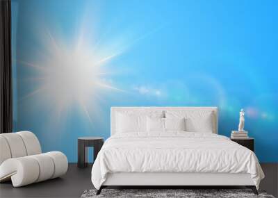 Sunny background, sun with lens flare on blue sky, hot weather concept, summer background  illustration. Wall mural