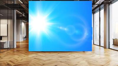 Sunny background, sun with lens flare on blue sky, hot weather concept, summer background illustration. Wall mural