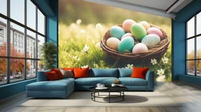 beautiful easter eggs in grass with copy space Wall mural