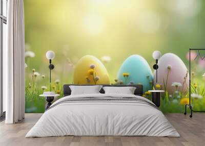 Beautiful easter eggs with flowers and copy space Wall mural