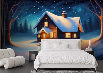 Cute winter wood house at night with lots of snow and copy space Wall mural