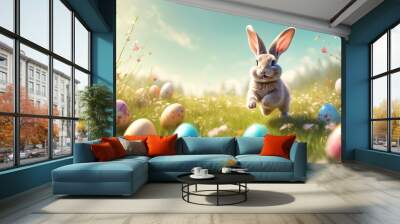 Happy easter bunny in easter meadow with eggs and copy space Wall mural