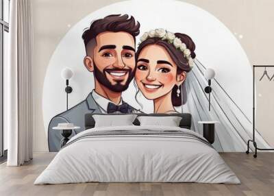 happy wedding couple bride and groom illustration with copy space Wall mural