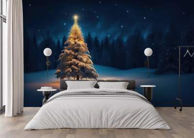 Snow covered christmas tree in winter forest with copy space at night Wall mural