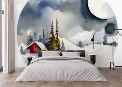 Snowy winter landscape with small hut and large moon art round icon isolated png Wall mural