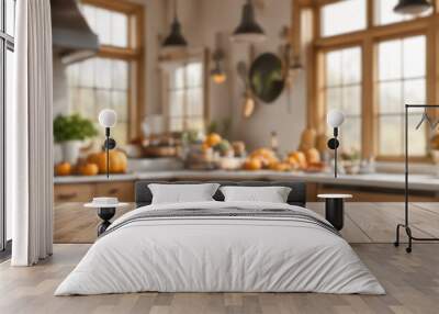 Wood table with copy space in autumn kitchen with pumpkin decorations Wall mural