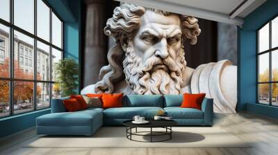 Handsome marble statue of powerful greek god Zeus over dark background, The powerful king of the gods in ancient Greek religion. Wall mural