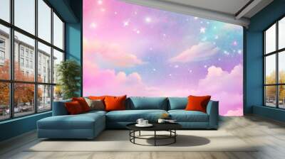 Kawaii Fantasy Pastel Colorful Sky with Clouds and Stars Background in Paper Cut and Paste Style Wall mural