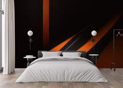 Schwarzes, abstraktes, breites horizontales Banner mit orangefarbenen und grauen Linien, Pfeilen und Winkeln. Dunkler moderner sportlicher heller futuristischer horizontaler abstrakter Hintergrund. Wall mural