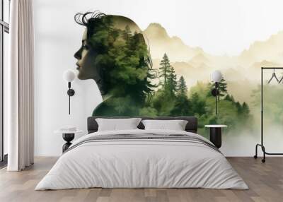 Double exposure of a woman and nature concept, In concept of nature and peace of mind. Wall mural