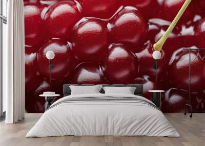 A close-up image of ripe red cherries, showcasing their smooth skin, juicy texture, and vibrant color. Wall mural