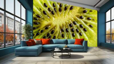 A close-up macro shot of a sliced kiwi fruit, revealing its vibrant green flesh, juicy texture, and numerous black seeds. Wall mural