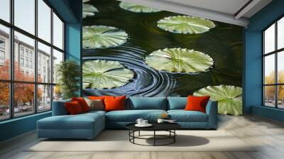 A close-up shot of a pond with lily pads and water ripples. Wall mural