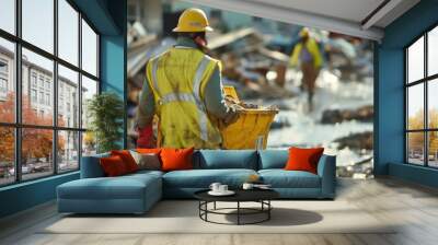 A construction worker in a yellow safety vest and hard hat carries a yellow bin through debris after a natural disaster. Wall mural