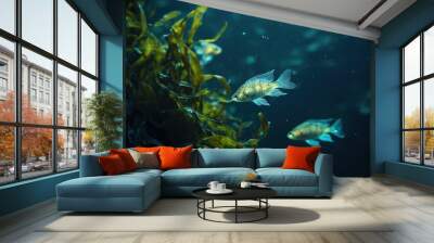 A school of small, silver fish swim through a vibrant underwater kelp forest, sunlight streaming through the water. Wall mural