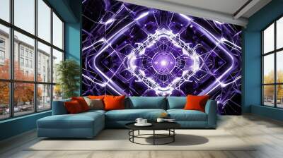 Abstract digital art of a glowing purple and white geometric pattern in a dark background. Wall mural