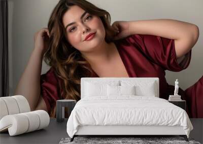 Burgundy Nightgown Plus-Size Fashion Model Pose. Concept about lifestyle and body positivity Wall mural