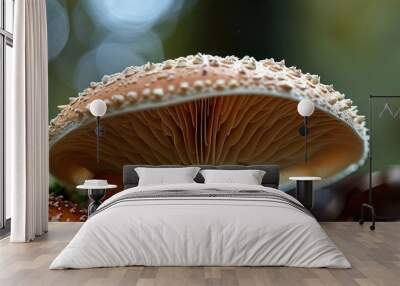 Close-up of a brown and white mushroom with a textured cap and gills. Wall mural