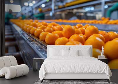 Closeup of fresh oranges on a conveyor belt in a factory setting. Wall mural