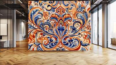 Detailed intricate floral pattern in blue, orange, and gold colors on a white background. Wall mural