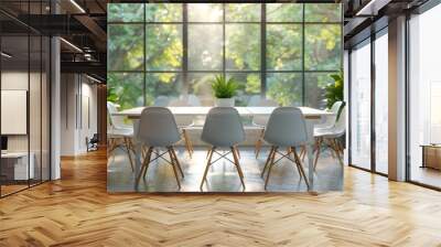 A modern office meeting room with a wooden table, white chairs, and large windows allowing natural light to flood the space. Wall mural