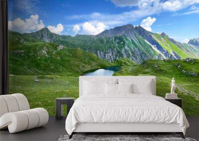 beautiful scenic panorama in alpine mountain with lake in Savoy in France Wall mural