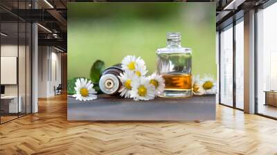 bottles of essential oil and daisies with fresh mint leaf on a wooden table  outdoors Wall mural