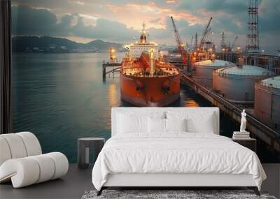 Docked ship at oil terminal large tanks scenic coastal background. Wall mural