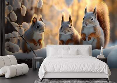 Fluffy Squirrels Amidst the Enchantment of a Winter Forest Landscape Wall mural