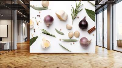 Garlic, rosemary, bay leaves, allspice and pepper isolated on white background. Flat lay. Top view, generative ai Wall mural