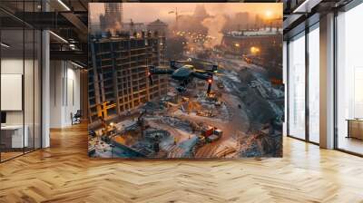 Mid-flight drone capturing the progress of an urban construction site. Wall mural