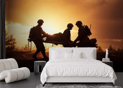 Silhouettes of Army Soldiers and Medics Carrying a Wounded Comrade to Safety Wall mural