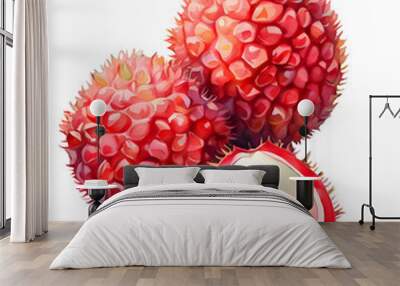 Watercolor and painting fresh juicy lychee fruit Wall mural