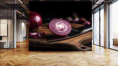 Wooden board with cut red onion and knife on dark background, generative ai Wall mural