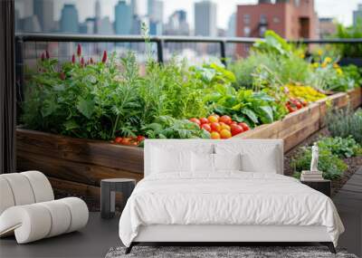 Rooftop garden in habitat of urban city. Vegetables and herbs in wooden pot thriving amidst the urban landscape. Growing vegetables on a residential property for urban farming Wall mural