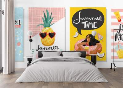 Set of summer greeting cards. Women floating on swim ring, ice cream, cute pineapple, lemonade, etc. Summer rest and vacation concept. Vector illustration. Wall mural