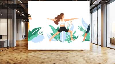 Young women practicing yoga. Set of cute girls doing various yoga posture. Composition with girls and leafs. Cartoon vector illustration on white background. Wall mural